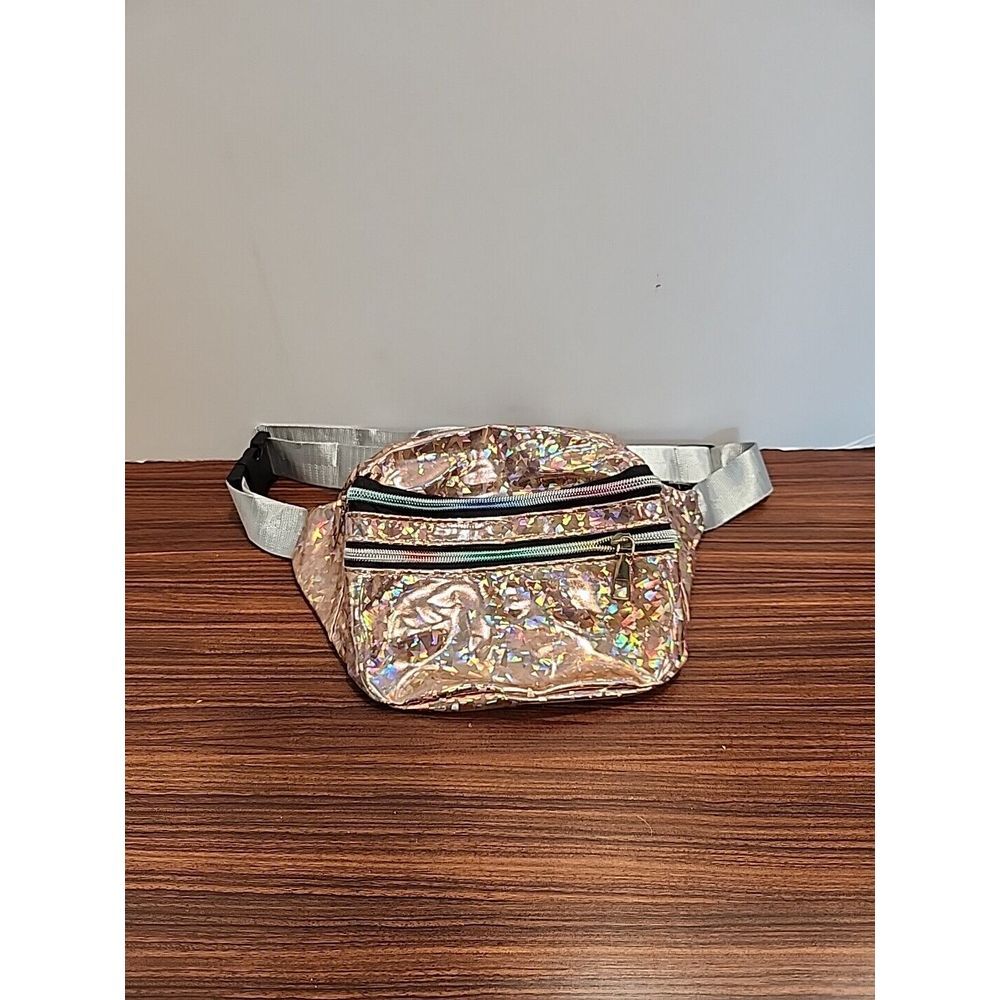 Unique‎ Pink Holographic 80s 90s Fanny Pack Rainbow Zippers Waist Metallic